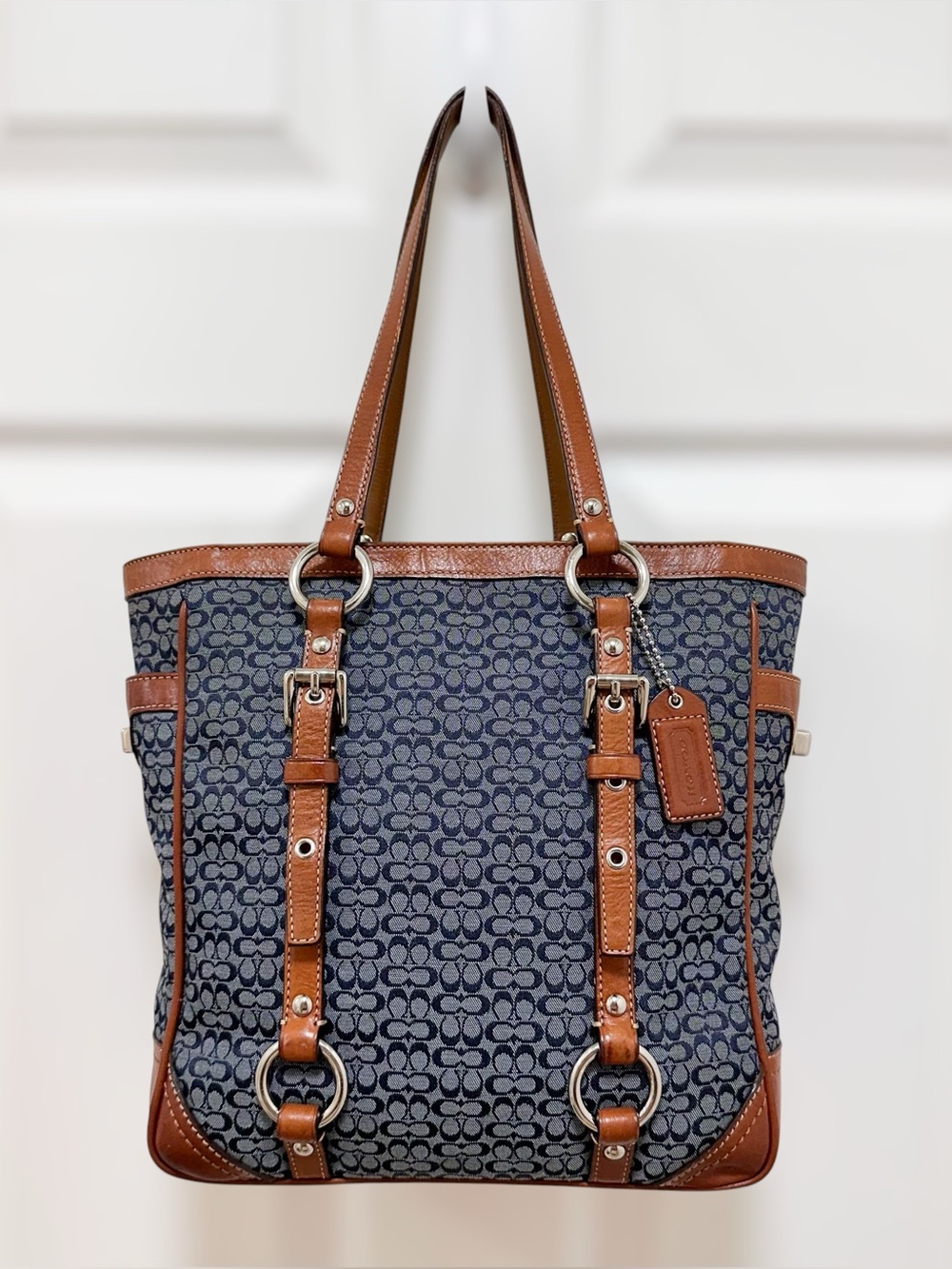 Coach Gallery Tote Mini Signature Navy Blue British Tan Leather F11526